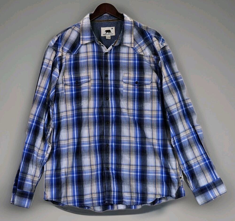 Dakota Grizzly Men's XXL Western Shirt Pearl Snap Blue Black Plaid Long Sleeve